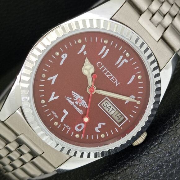 Citizen Other - Vintage 1989 Arabic Citizen Automatic Mens Silver Watch W/daydate & Red accents